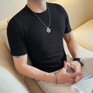 6616-特P30 华夫格短袖T恤男士夏季修身圆领半袖体恤图片