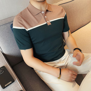 3773-P63 短袖针织polo衫男士透气中袖冰丝T恤打底衫撞色领修身图片