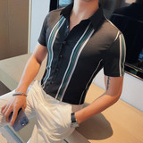 7886-P68短袖衬衫男士夏季潮流休闲帅气个性半袖修身条纹衬衣，男装T恤，电商B333