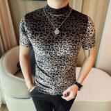 2615-P38豹纹男士短袖t恤高级感网红潮流男装半高领男款花打底衫，男装T恤，电商B333
