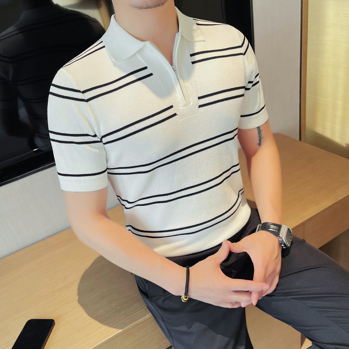 3756-P65条纹针织冰丝短袖POLO衫男士夏季拉链款翻领体恤,男装Polo衫,电商B333