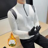 7933-P65半高领长袖打底衫男士冬季新款纯色打底衫拼皮拉链款，男装T恤，电商B333