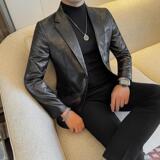 23658-P155皮西装男士秋冬新款纯色休闲西服外套皮夹克单排扣，男装夹克，电商B333