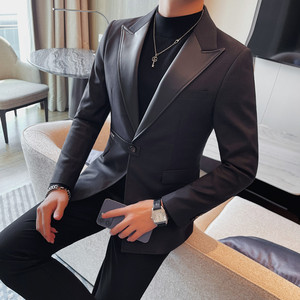 XF1042-P165 拼接皮领男士西装外套 单排扣西装上衣 后中开叉图片