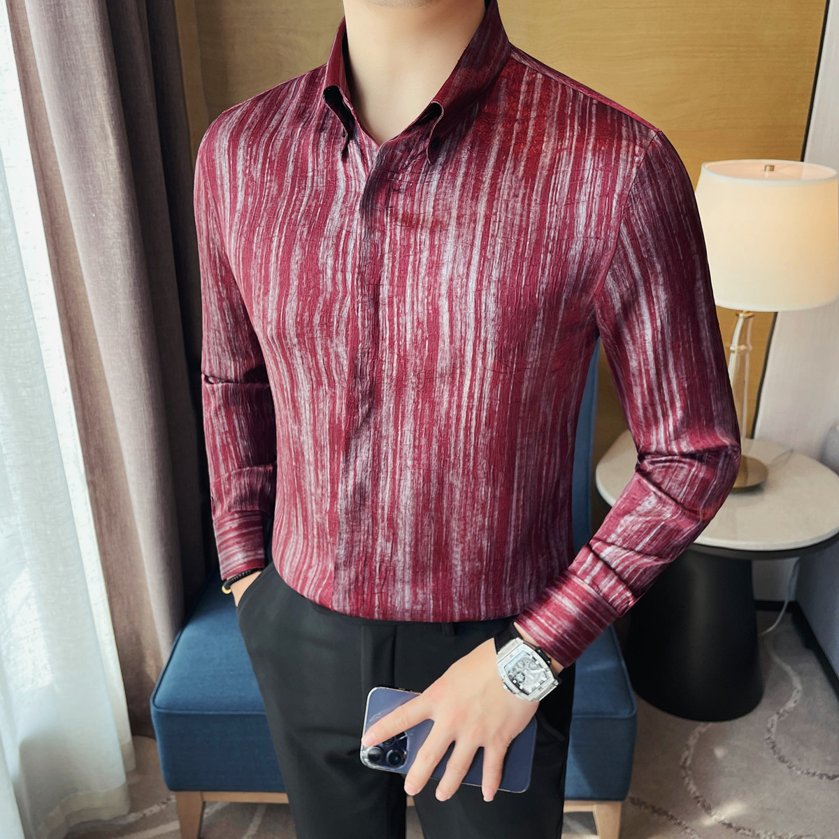 3141-P98男士长袖衬衫春秋季新款修身翻领衬衣高级感潮流上衣,男装衬衫,电商B333