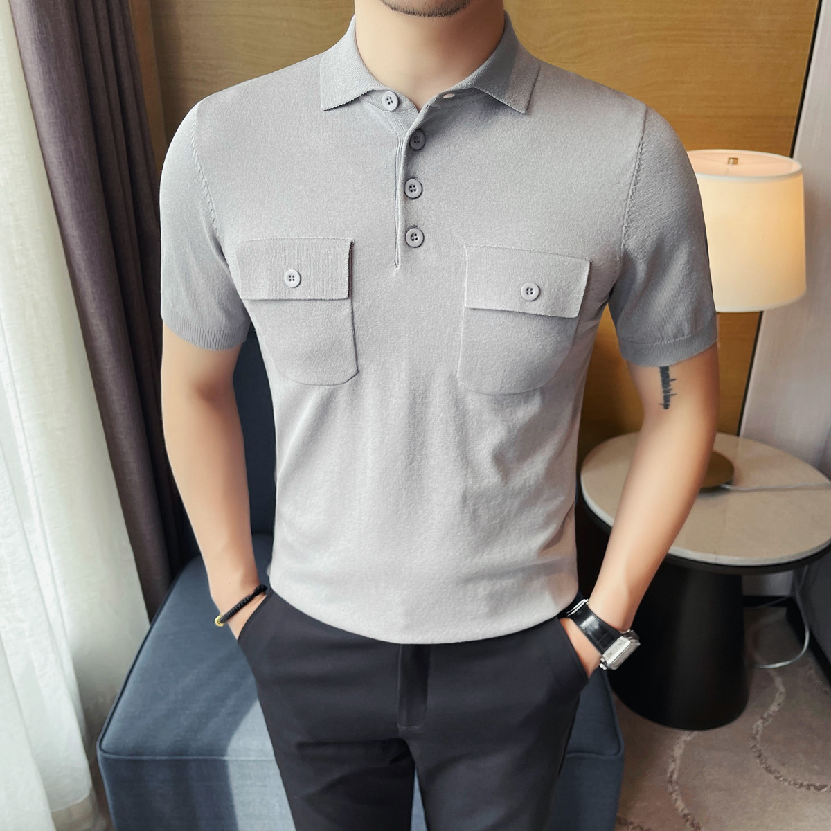 3752-P68双口袋设计短袖针织T恤男士夏季修身翻领冰丝polo衫,男装T恤,电商B333