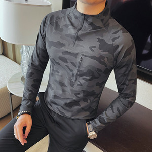 T666-P78 鲨鱼皮半高领高弹立领体恤男士秋冬新款拉链插肩袖T恤图片