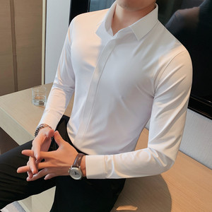 1072-P95 弹力无痕压胶坠感丝滑长袖衬衫男修身衬衣图片