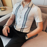 7886-P68短袖衬衫男士夏季潮流休闲帅气个性半袖修身条纹衬衣，男装T恤，电商B333