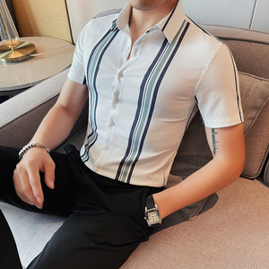 7886-P68 短袖衬衫男士夏季潮流休闲帅气个性半袖修身条纹衬衣图片