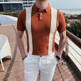 3340-P58针织冰丝短袖polo衫男士夏季修身翻领撞色条纹t恤，男装Polo衫，电商B333