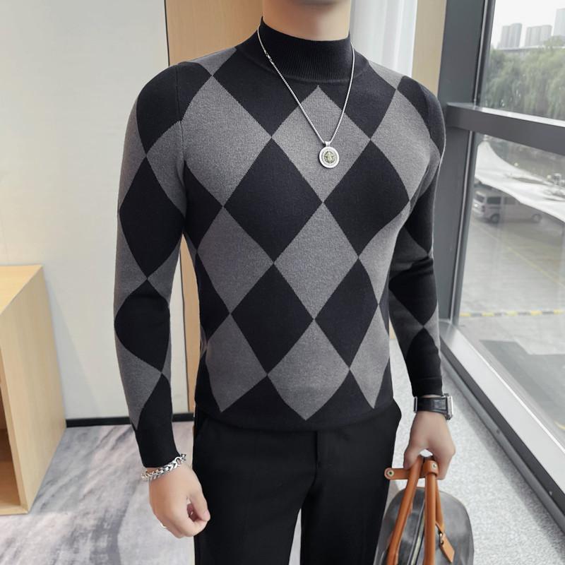 9501-P58长袖小中领针织衫秋冬新款打底衫菱格中领毛衣,男装针织衫/毛衣,电商B333
