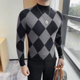 9501-P58长袖小中领针织衫秋冬新款打底衫菱格中领毛衣，男装针织衫/毛衣，电商B333