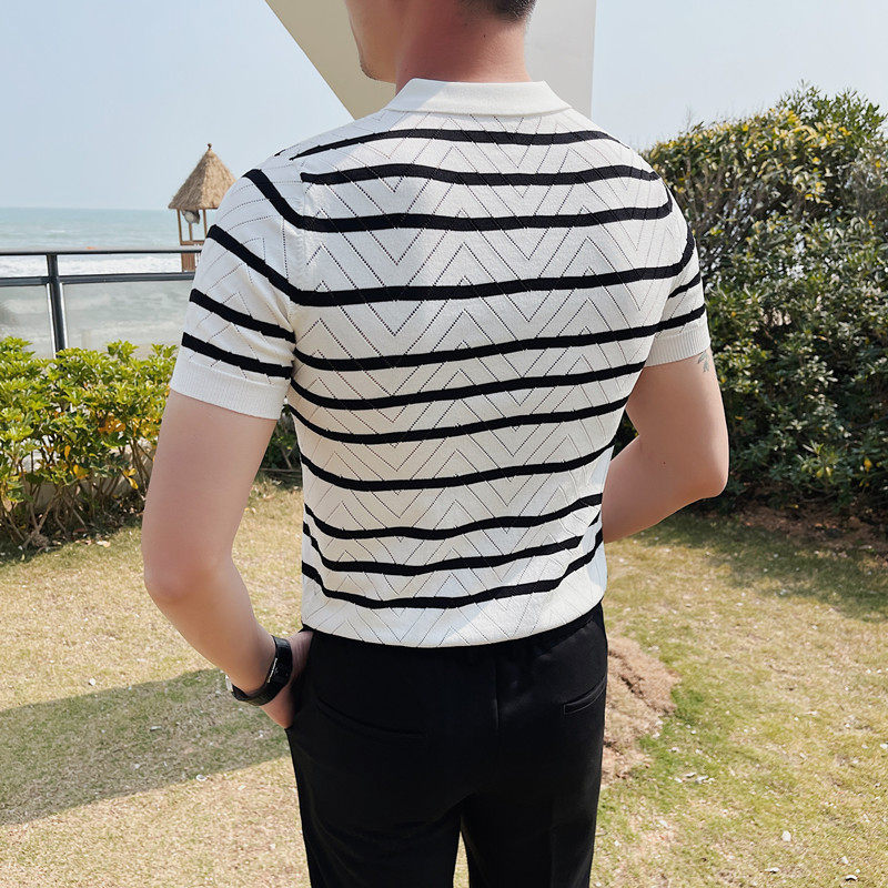 PT25-P58针织冰丝短袖t恤男士夏季翻领修身条纹polo衫,男装T恤,电商B333