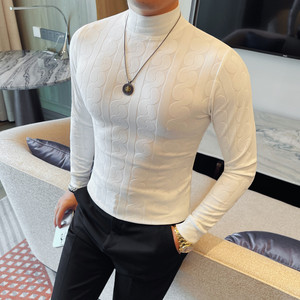 2630-P38 半高领提花长袖T恤男秋冬中领打底衫纯色休闲体恤图片