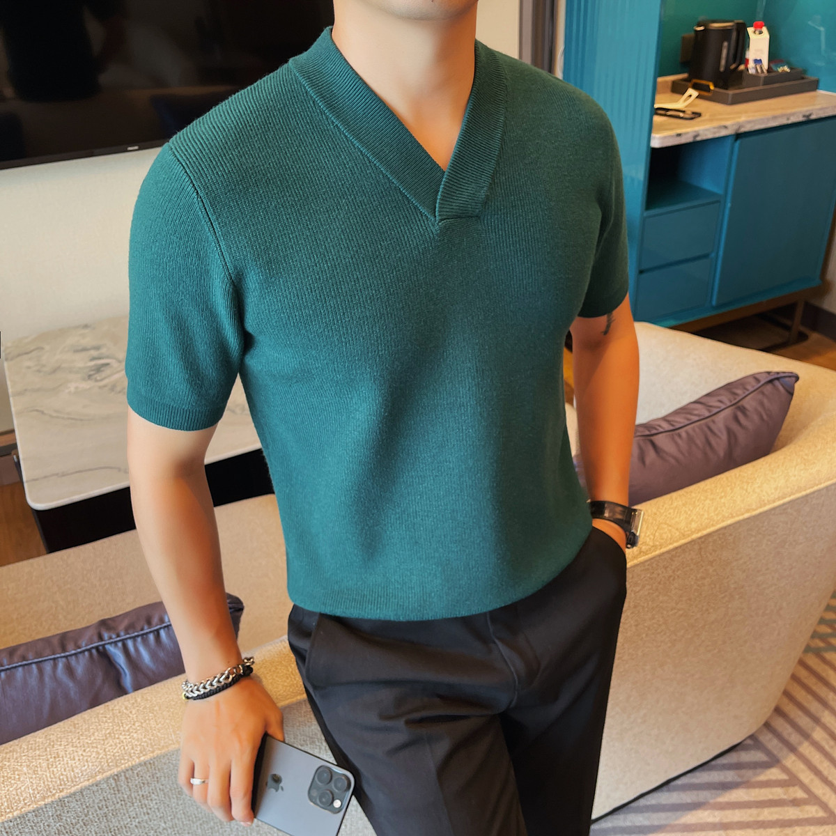 8543-P58V领粗针厚款短袖针织毛衣男士秋冬新款纯色百搭简约线衫,男装针织衫/毛衣,电商B333