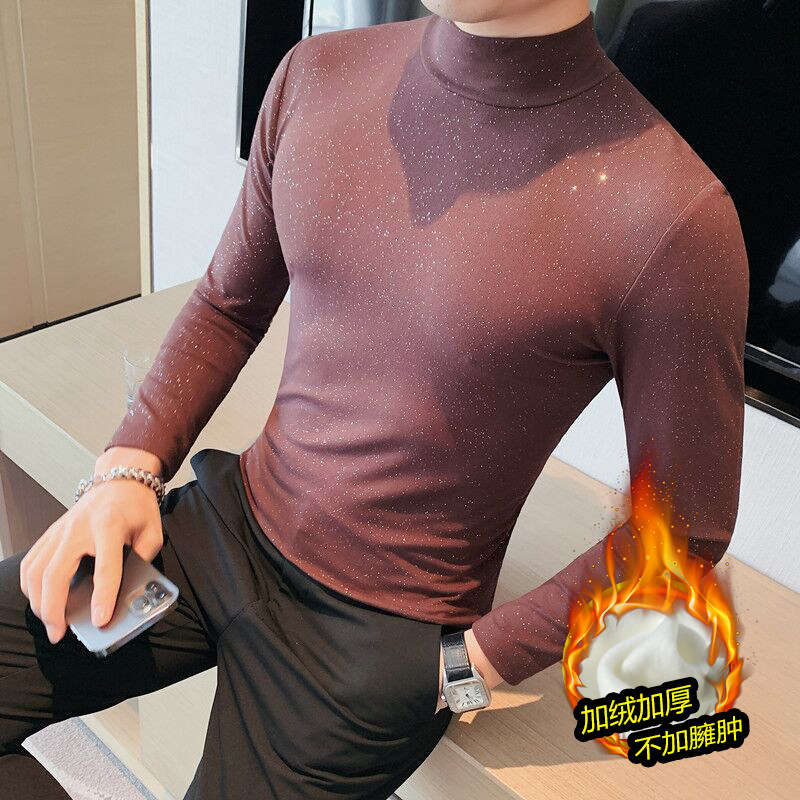 加绒DD03-特P50冬季中领男士打底衫撒粉半高领长袖体恤，男装T恤，电商B333