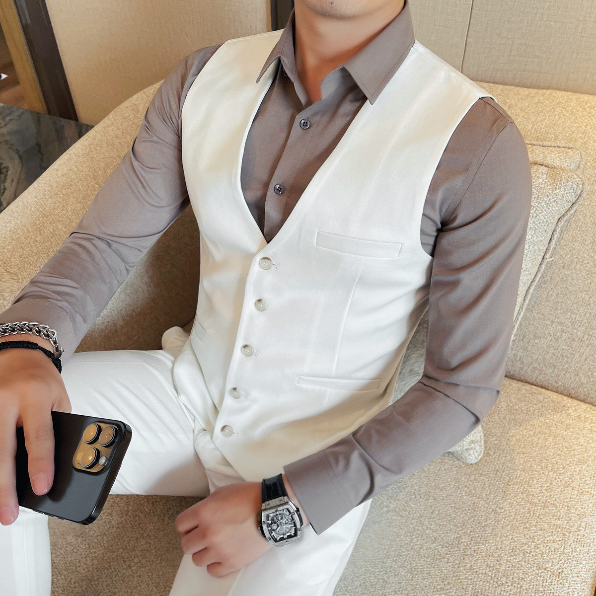 MJ2701-特P45男士马甲套装秋季英伦风发型师潮牌修身条纹西服高端,男装西服,电商B333
