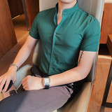 DX7882-P58短袖衬衫男士夏季潮流休闲帅气纯色修身帅气衬衣绿，男装T恤，电商B333