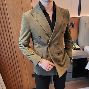23580-P155 灯芯绒西装外套男士双排扣西服修身条纹休闲西装图片