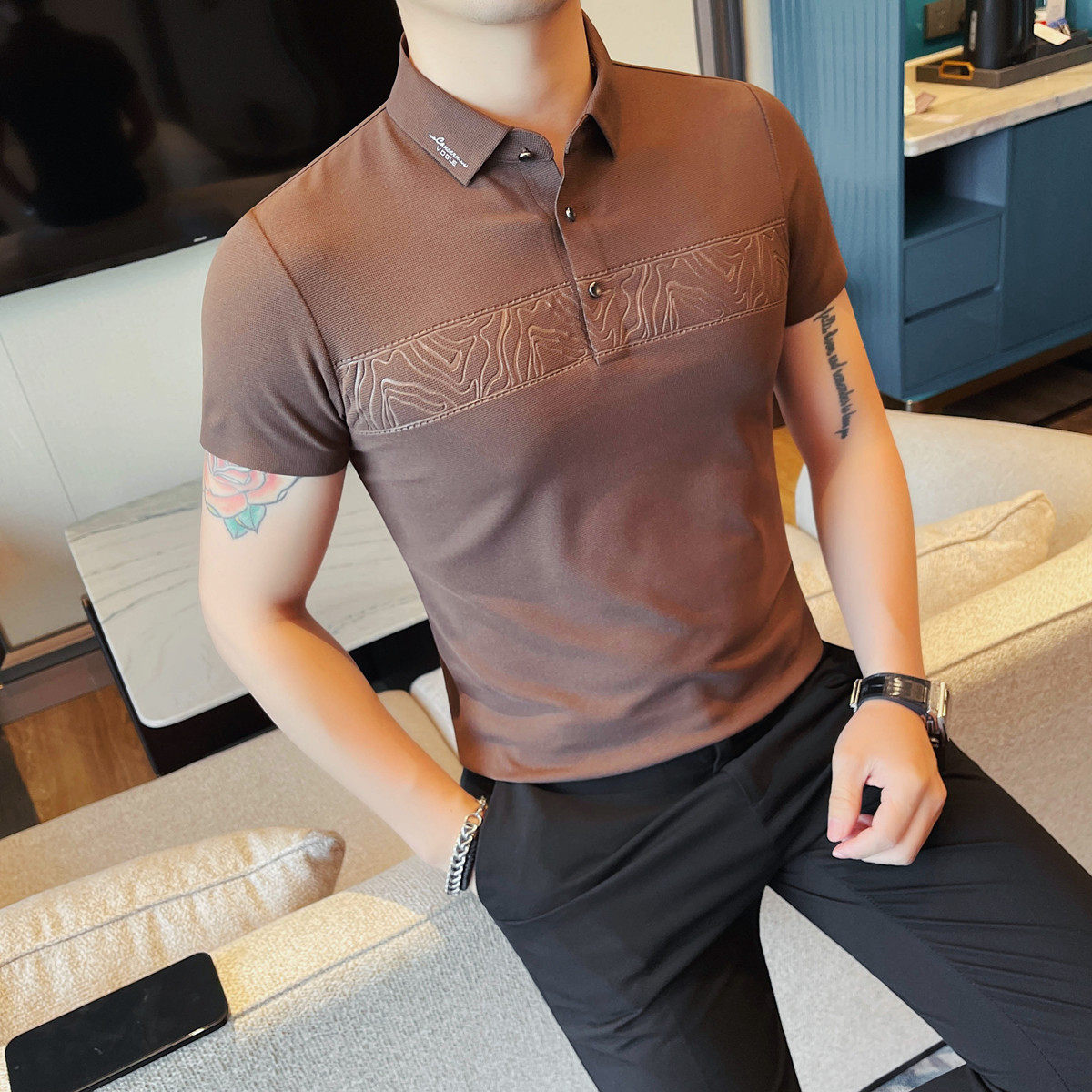 MJ1006-P55华夫格纹无痕压胶压花男短袖夏季时尚百搭休闲POLO衫,男装T恤,电商B333