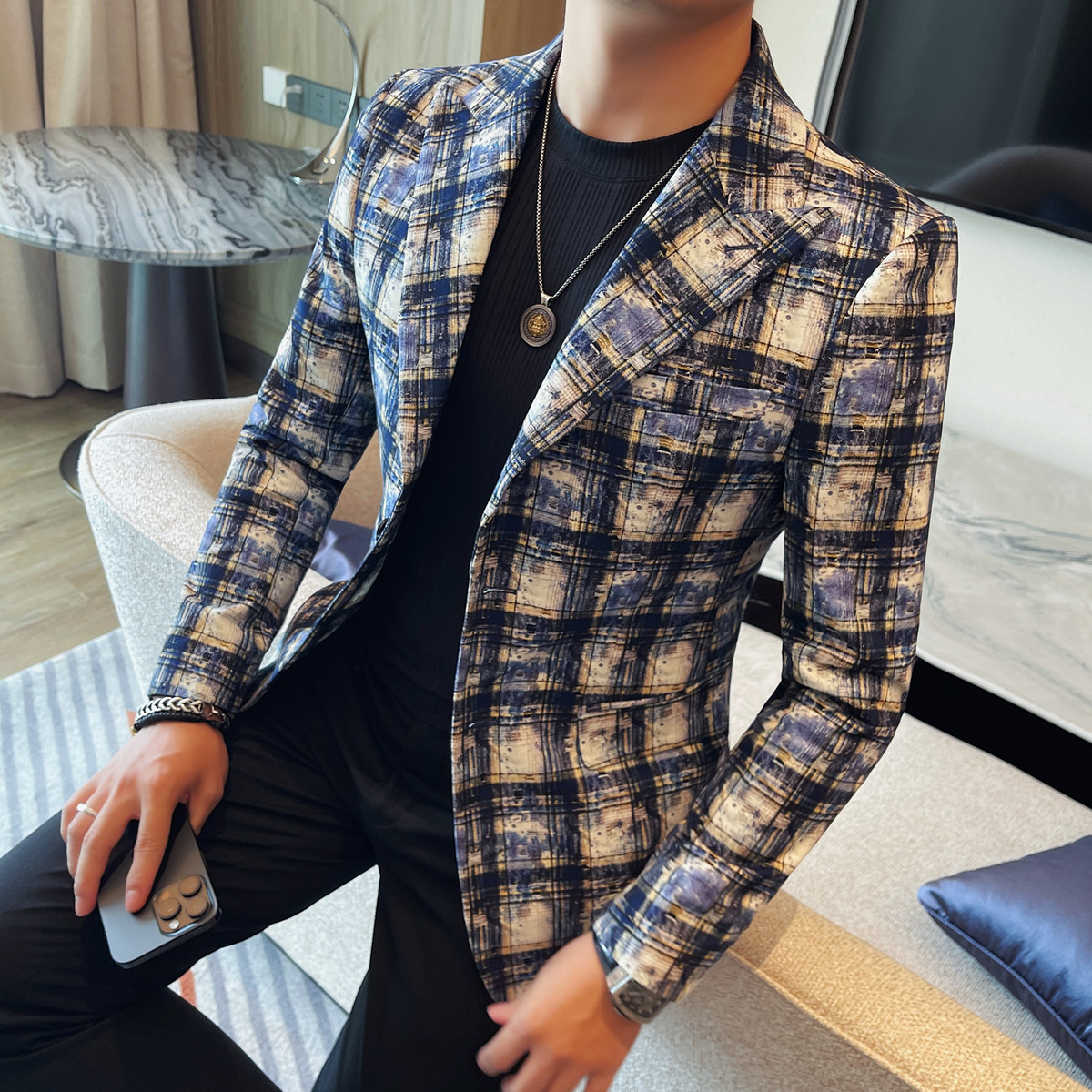 XF1079-P145秋冬季休闲小西服男士韩版潮流修身帅气格子单西西装,男装西服,电商B333