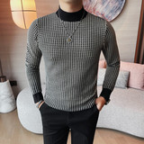 8530-P68半高领小格子针织衫毛衣男士秋冬新款修身中领打底衫，男装T恤，电商B333