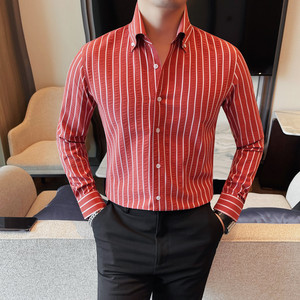 9213-P68 条纹长袖暗皱衬衫男士秋冬新款红色衬衣图片