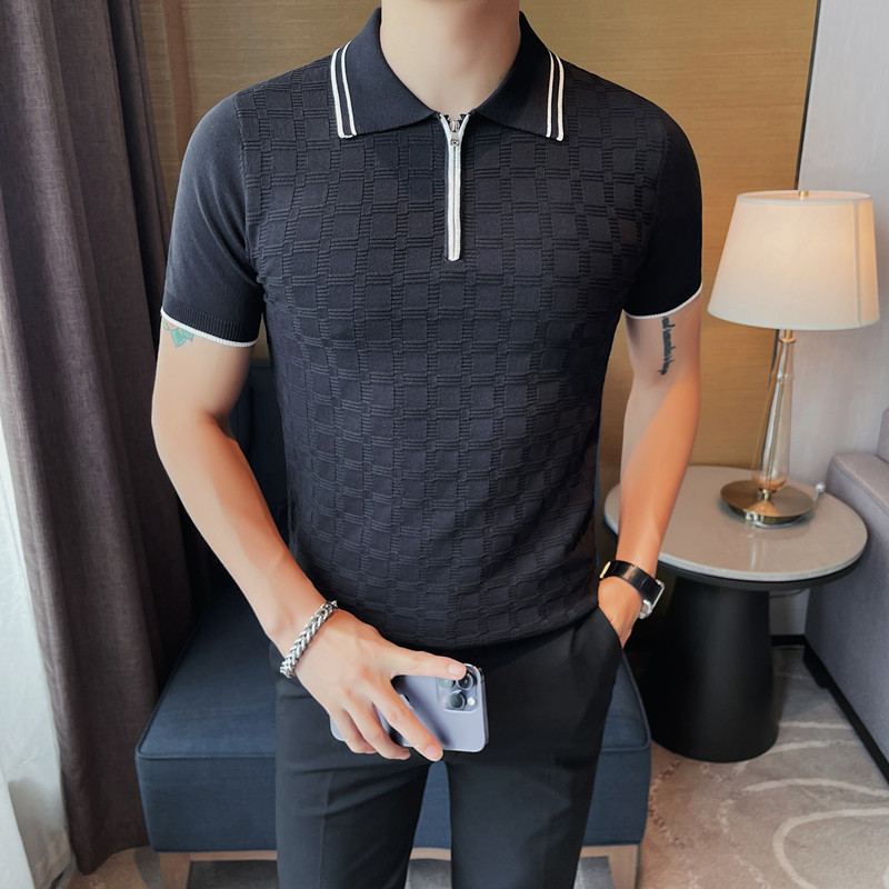 HL004-P58短袖polo衫男士夏季格子拉链翻领针织冰丝修身t恤,男装T恤,电商B333