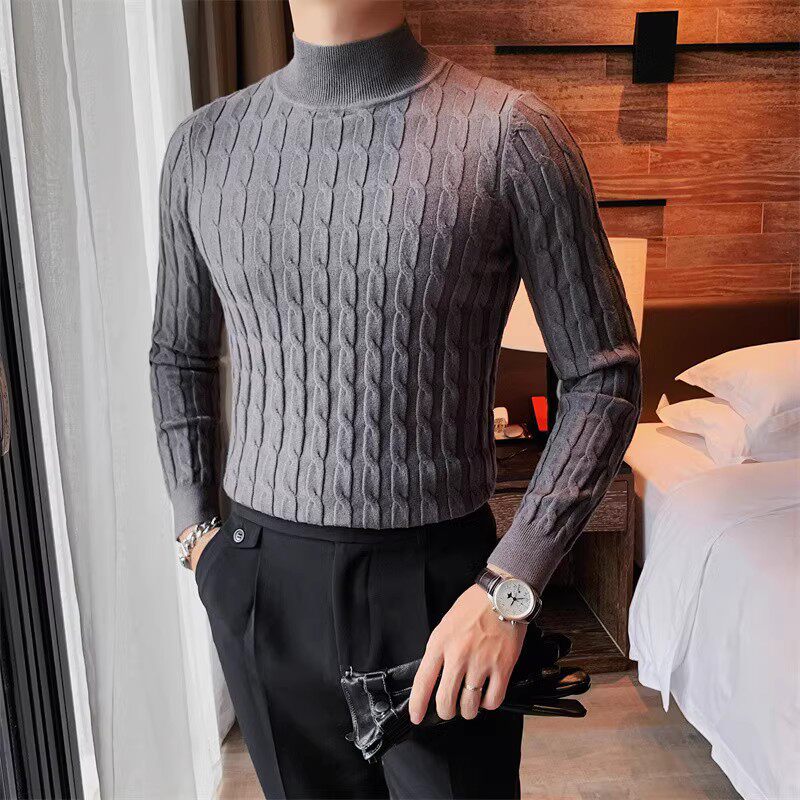 8513-P75半高领毛衣秋冬男士英伦修身扭花针织衫套头长袖提花打底,男装T恤,电商B333