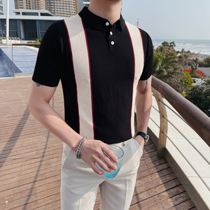 3340-P58 针织冰丝短袖polo衫男士夏季修身翻领撞色条纹t恤图片