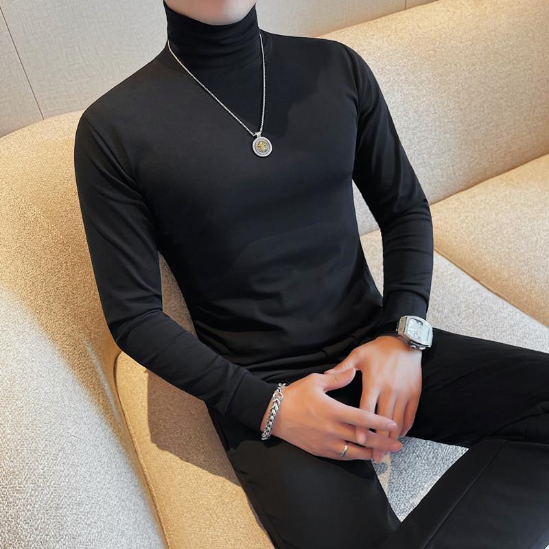 高领7881-特P40 高领T恤男士秋冬新款长袖可翻领打底衫 纯色百搭T图片