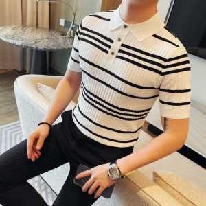 1222-P58 男士针织短袖POLO衫夏季新款时尚百搭休闲翻领条纹体恤图片