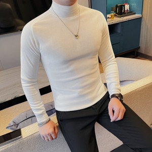 6882-特P40 金丝绒半高领打底衫男士秋冬新款 纯色百搭中领T恤图片