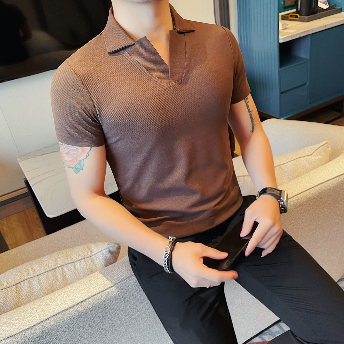MJ1003-P48冰丝华夫格POLO衫男短袖夏季新款百搭休闲V领短袖T恤,男装T恤,电商B333