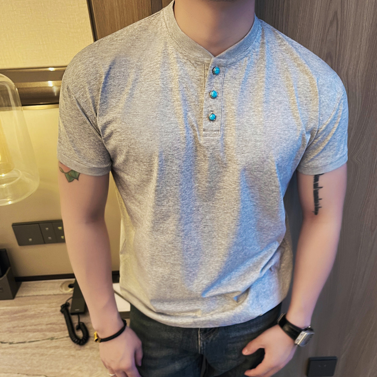 2621-P48宽松体恤男士夏季新款圆领纯色POLO衫百搭蓝色扣子体恤，男装T恤，电商B333