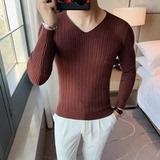 7700-特P45秋季型男纯色V领打底针织衫韩版新款修身长袖毛衣T恤白，男装T恤，电商B333