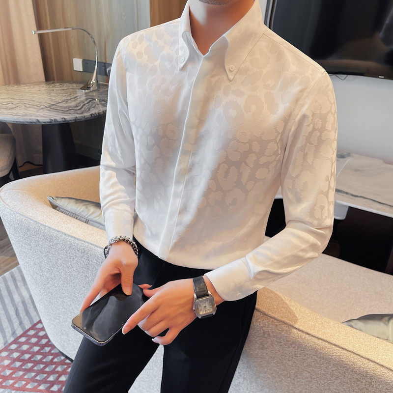 3122-P78豹纹衬衫男士新款大领暗扣衬衣潮流休闲长袖衬衫,男装衬衫,电商B333