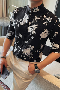 8213-P53 印花衬衫男士夏季新款中袖衬衣 立领五分袖衬衫图片