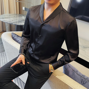 6555-P68新款男士长袖衬衫酒红色V领暗扣修身商务免烫衬衣
