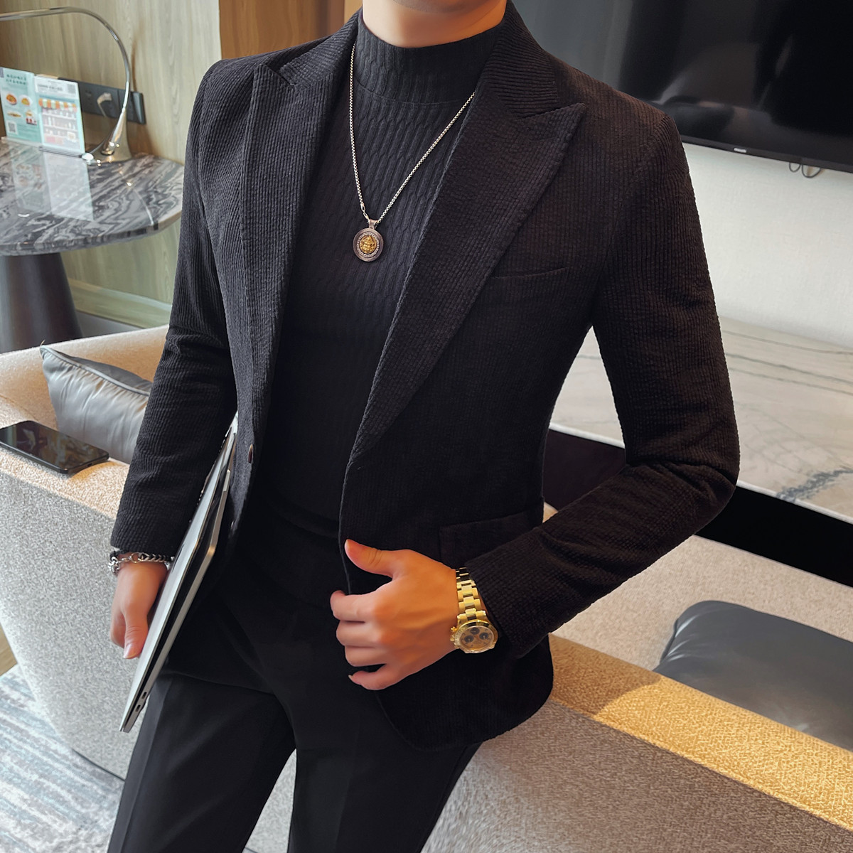 26700-P155男士长袖西装外套新款修身商务休闲西服灯芯绒西装，男装西服套装，电商B333