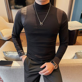 5998-P58拼接个性长袖T恤男士春季打底衫半高领修身体恤，男装T恤，电商B333