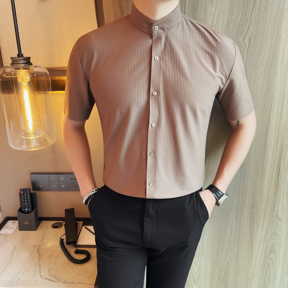 MJ1001-P58冰丝立领男士短袖衬衣夏季新款时尚百搭休闲立领衬衫,男装T恤,电商B333