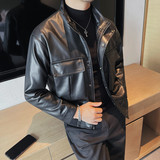 6803-P120立领皮衣男士秋冬新款皮外套皮夹克大口袋机车皮衣，男装皮衣，电商B333