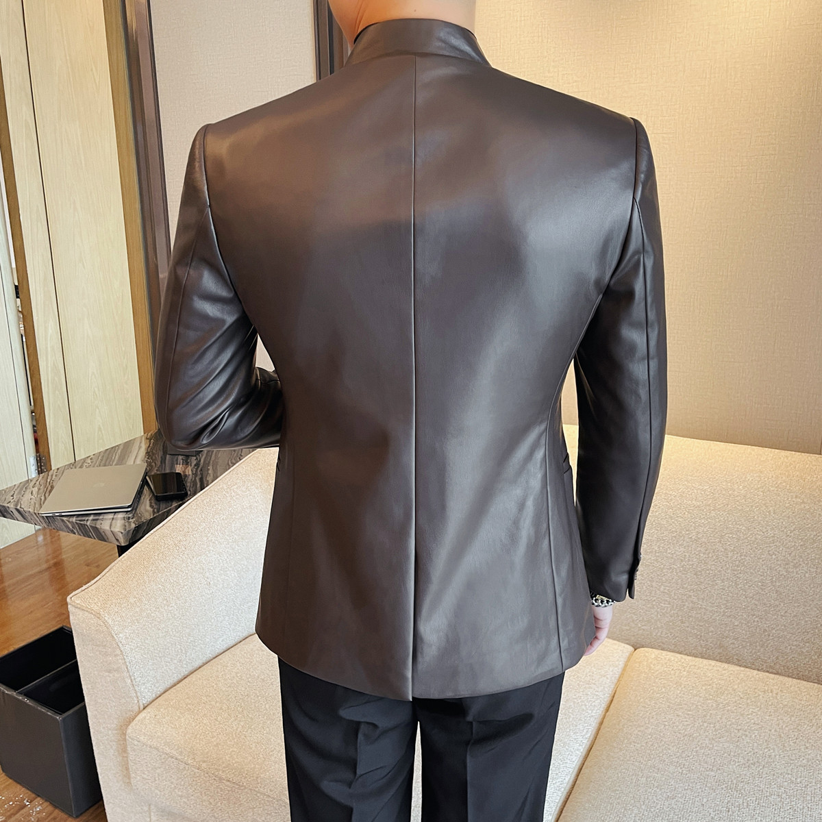 XF1086-P175新中式黑色立领皮衣男外套男士西装休闲商务西服,男装西服套装,电商B333