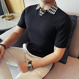 3751-P58千鸟格拼色polo衫男痞帅高级感修身夏季短袖针织冰丝t恤，男装T恤，电商B333