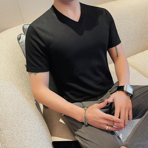 T7862-P48 V领短袖体恤男士 纯色百搭打底衫 潮流型男修身T恤图片