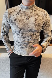 T6913-P58 绒布印花男士打底衫秋冬款新款半高领内搭中领长袖T恤图片