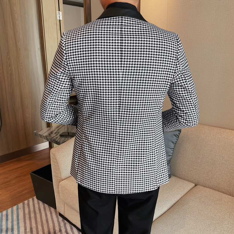 23651-P155格子西装男士春季新款修身单排扣领子拼接皮,男装西服套装,电商B333