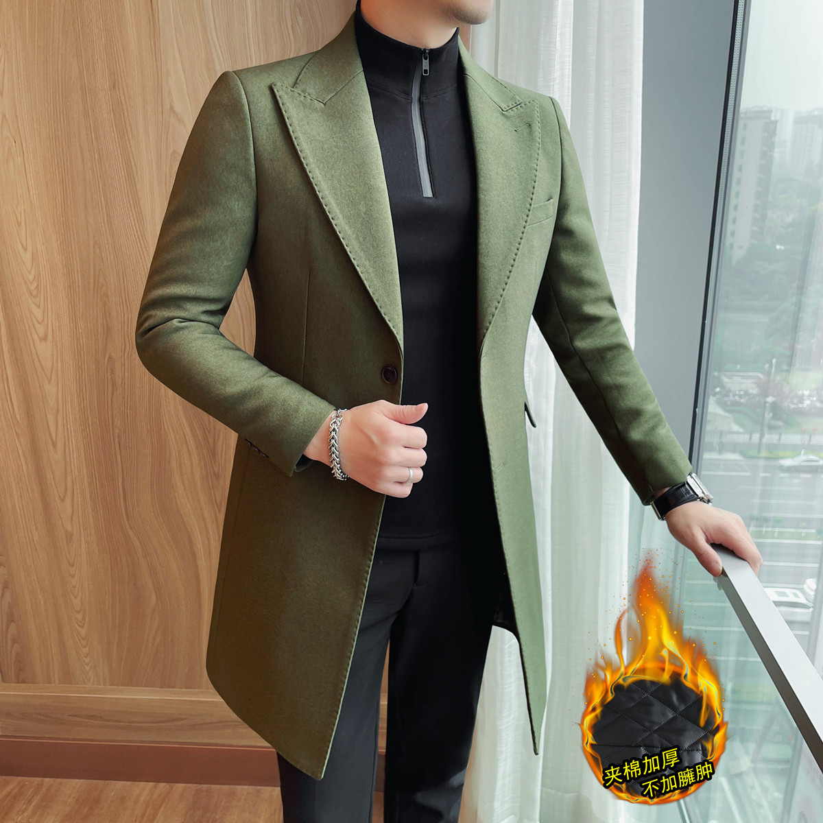 23686-P198加棉中长款西装西服外套单排扣风衣大衣,男装风衣,电商B333